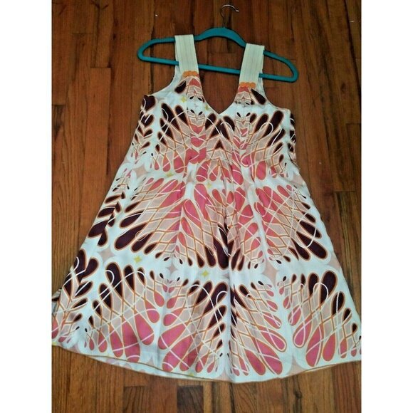 Womens Geometric print dress NELA XS/S sleeveless swing dress ivory brown pink - Picture 2 of 8